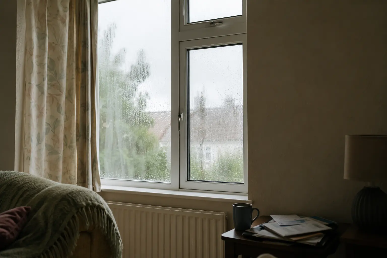 Condensation running down a rented home window with rain outside