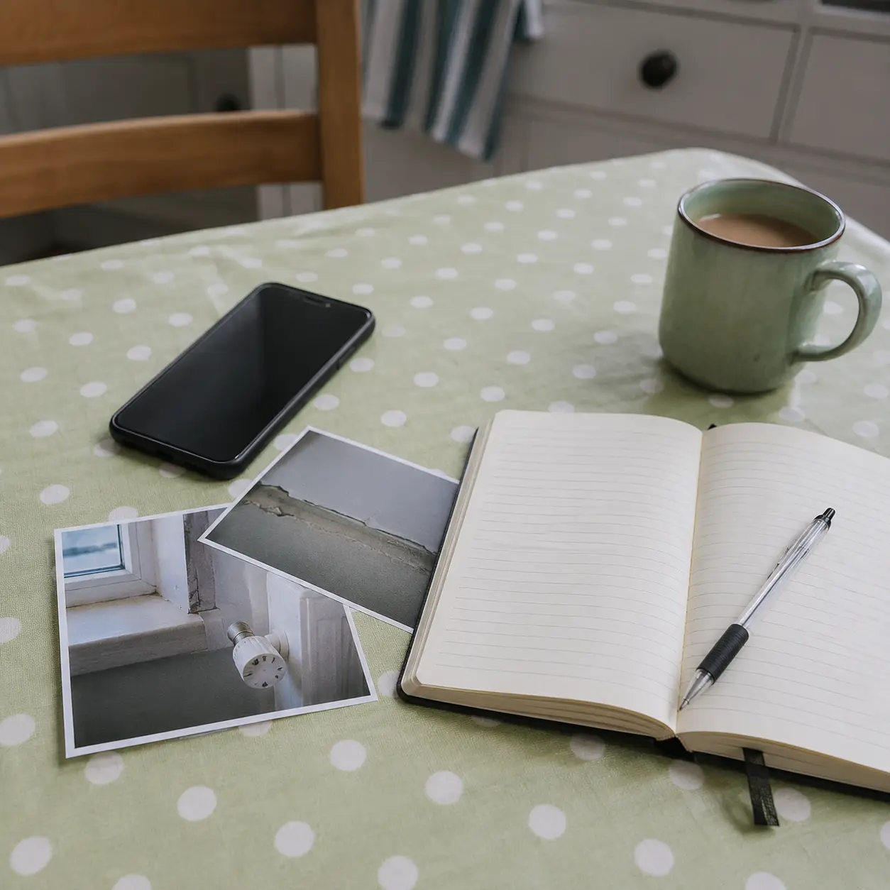 A flat-lay of a phone, printed photos and a notebook on a kitchen table