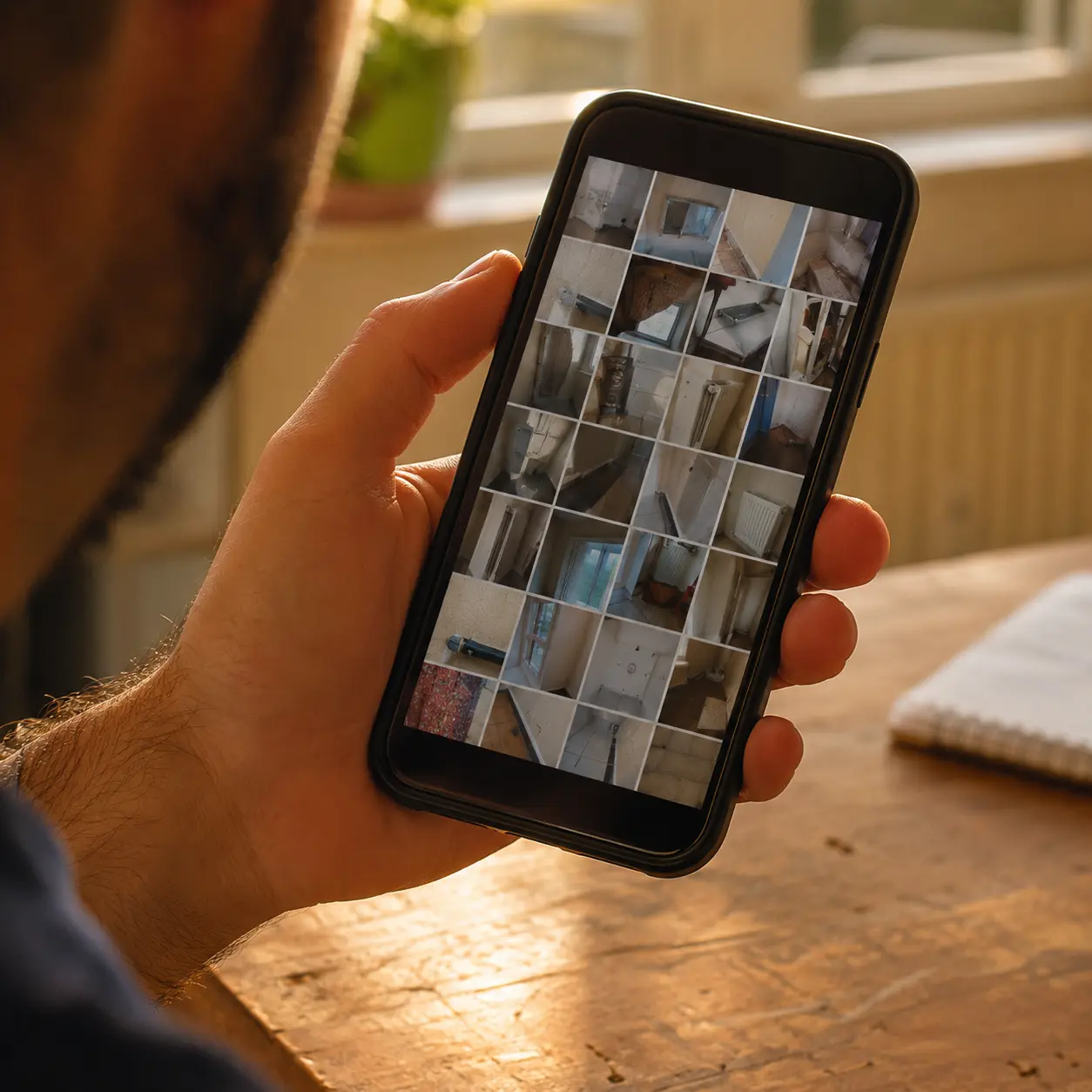 A hand holding a phone showing a gallery of dated photos