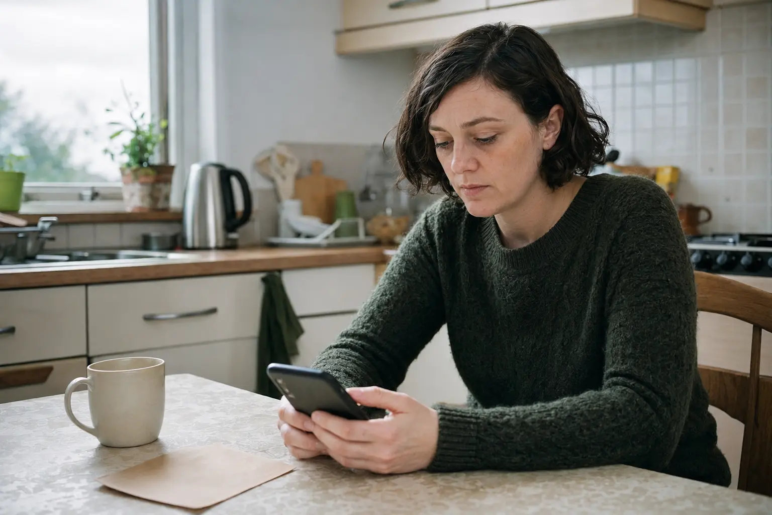 A tenant looking at a phone screen at a kitchen table