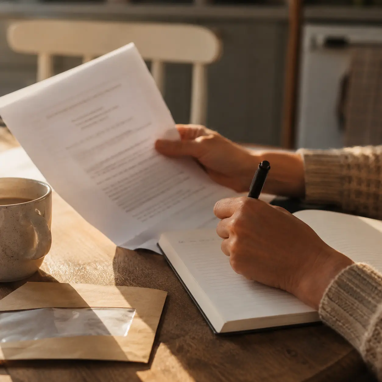 A hand writing a dated note at a table