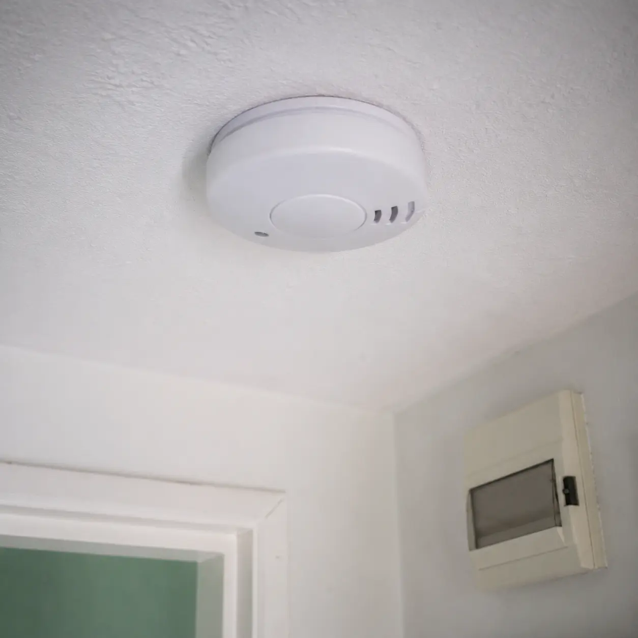 A smoke alarm fitted on a rented home ceiling