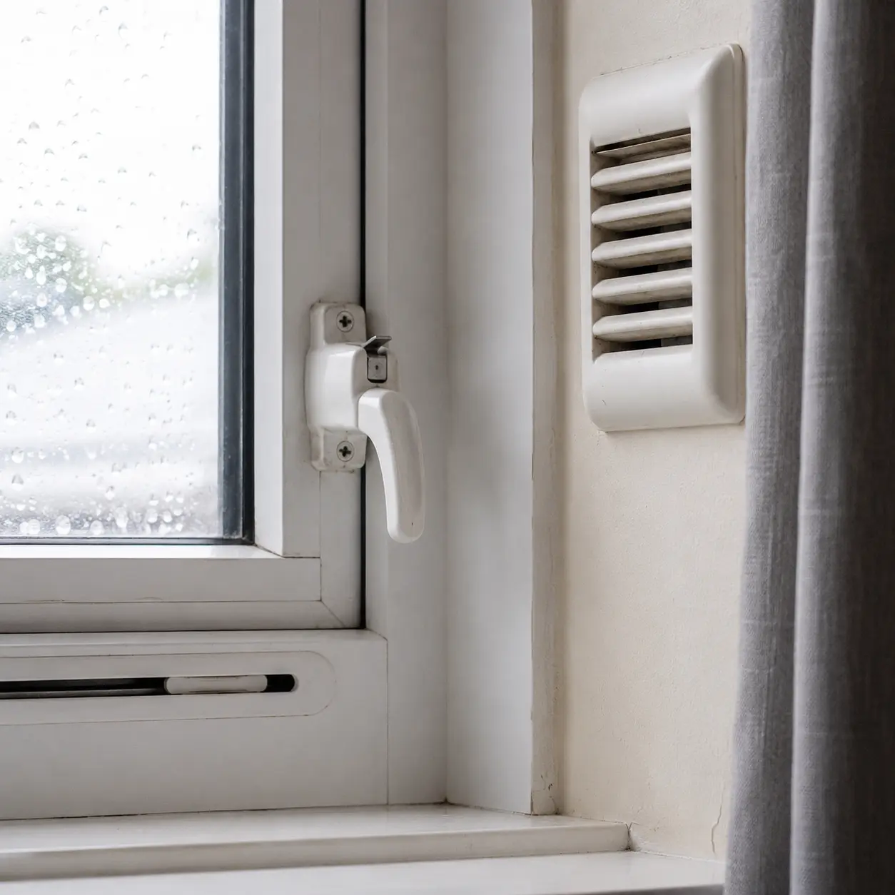 A window latch beside an extractor vent in a rented home