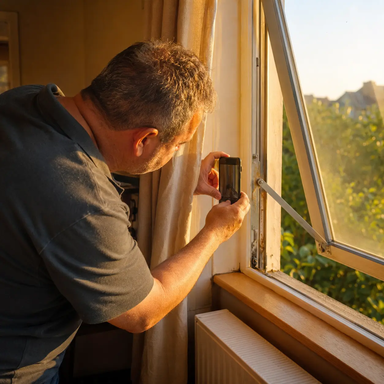 A tenant pointing a phone camera at a repair issue