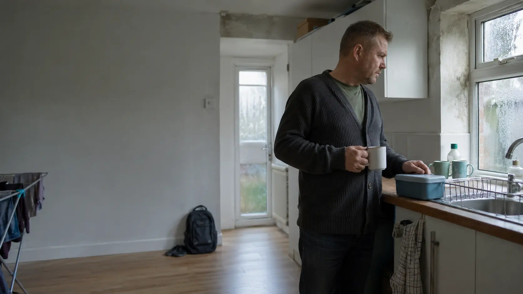 A father in his kitchen, damp around the window