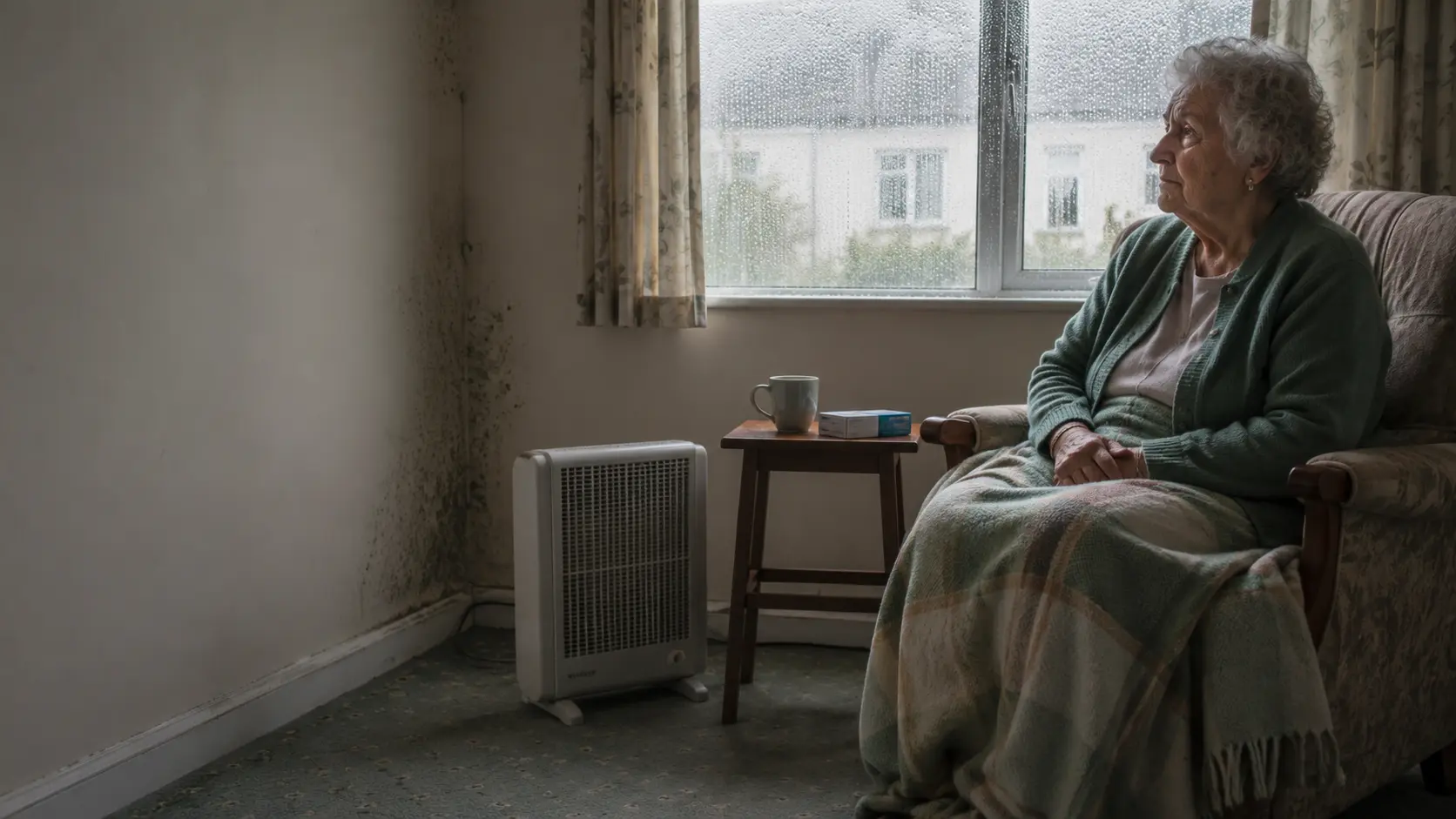 An older woman in her sitting room beside a plug-in heater