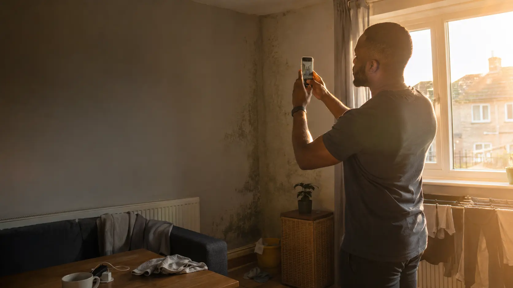 A renter photographing mould on his living room wall